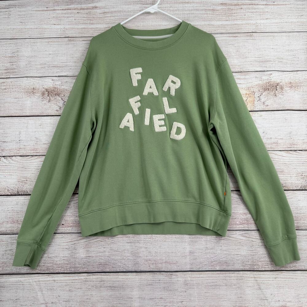 Far Afield Sweatshirt Women L Green Fuzzy Varsity‎ Lettering Crewneck Pullover